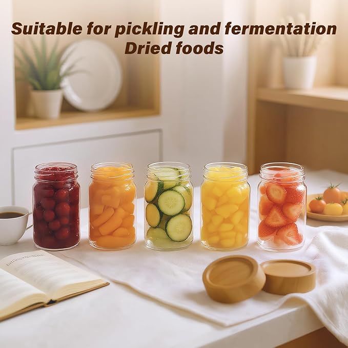 Zoaiirte 6pc 8oz Glass Mason Jars with Acacia Wood Airtight Lids - Food Storage Container Set, Clear Stackable Leakproof Kitchen Canisters for Meal Prep/Snack Organization/Spice Storage