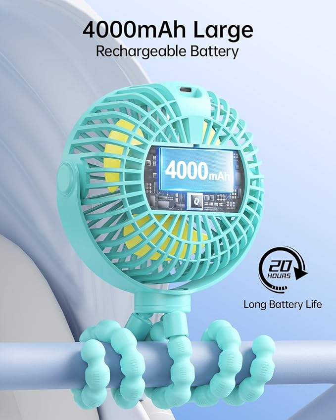 SWEETFULL Portable Stroller Fan with Display 4000mAh Battery Powered Mini Clip On Fan, 4-Speed Rechargeable Small Personal Cooling for Baby Car Seat Crib Travel - Cyan