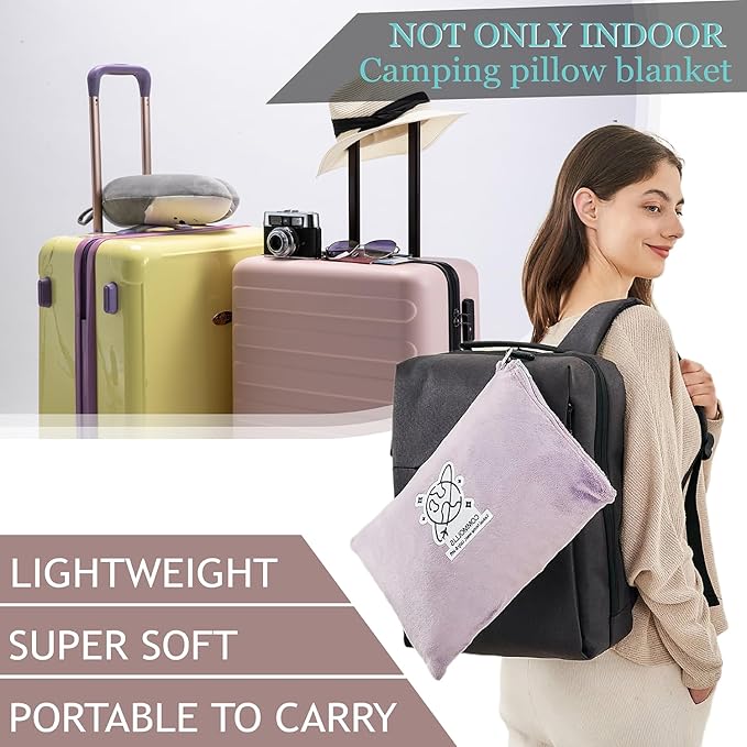Commollis 2-in-1 Travel Blanket & Pillow for Airplane, Car, Train - Warm Compact Flight Blanket with Luggage Strap & Backpack Clip, Machine Washable, All-Season Use