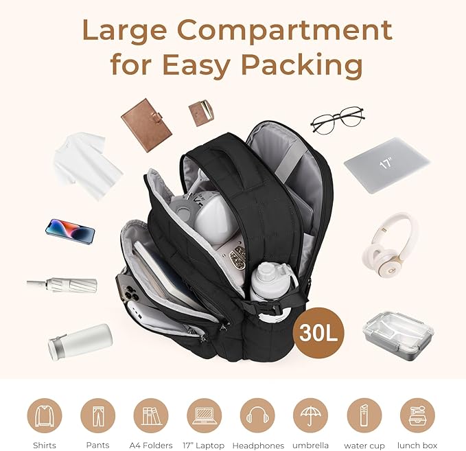 CLUCI 17.3 Inch Laptop Backpack for Women, Anti Theft Travel Backpack, Puffer Quilted Work Backpack, Water Resistant College Bookbag, Carry on backpack with RFID (Black)