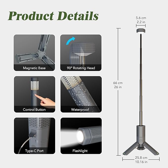 Telescopic Camping Light with Stand, 10500mAh Rechargeable Camping Lantern,Dimmable Portable Flashlight with Storage Bag,Magnetic Waterproof Work Light for Hiking Fishing Emergency Garage Outdoor Work