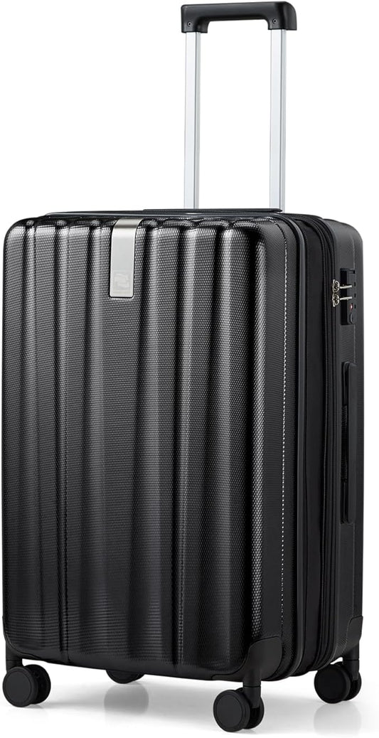 Hanke 24 Inch Expandable Checked Luggage Lightweight PC Hard Shell luggage Suitcases with Wheels Travel Luggage Rolling Large Suitcase Travel Luggage Bag for Go To University.(Jet Black)
