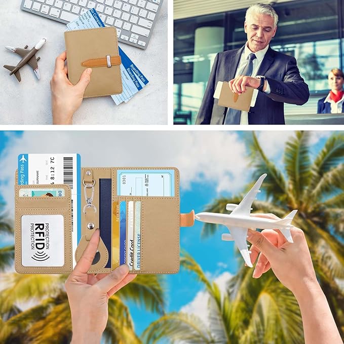 Passport Holder with Airtag for Women/Men,Airtag Passport Wallet for Travel,Cute Passport Holder Rfid Blocking,Travel Wallet for Cards Passport Cover Case (khaki)
