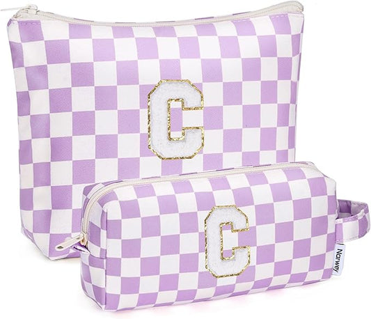 Narwey 2 Piece Personalized Initial Makeup Bag Checkered Cosmetic Bags, 6 8 10 11 12 13 14 16 18 Years Old Teen Girl Gifts Trendy Stuff Birthday Gifts for Women, Travel Toiletry Bag (Purple Letter C)