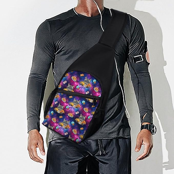SWEET TANG Men's Crossbody Bags, Casual Daypacks Funny Cute Galaxy Cat Taco Pizza for Cycling and Travel, Fashion Sling Shoulder Backpack Square Rucksack with Small Pocket for Key Purse