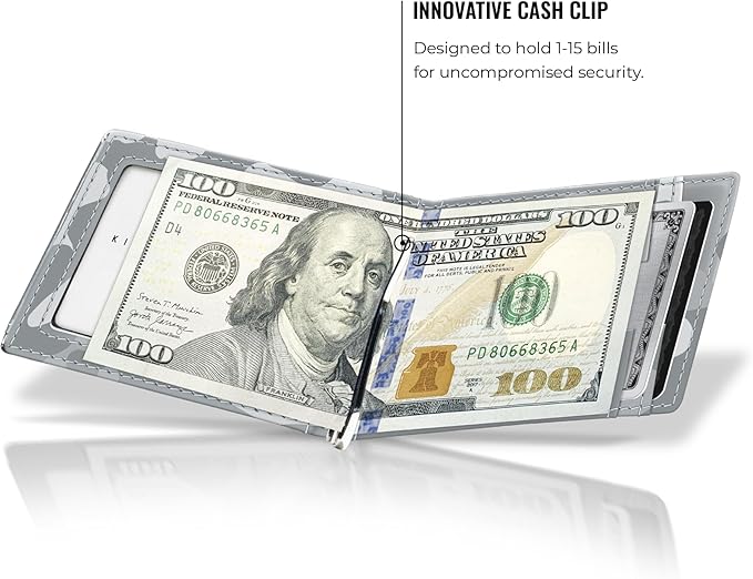 Kings Loot Money Clip Slim Minimalist Wallet for Men – RFID Blocking Leather Design with Money Clip – Front Pocket Bifold Holds 12 Cards – Stylish & Compact Wallets (Camo White/Engraved)