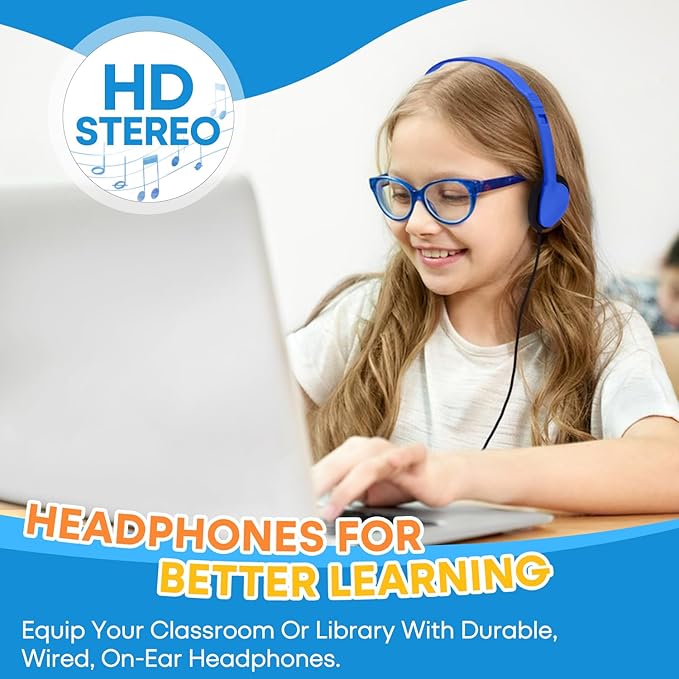 Kids Headphones Bulk 25 Pack for School Classroom Students, Wholesale Wired Headphones Durable Class Set Earphones for Children Toddler Teens Boys Girls and Adult (HY857,25 Blue)