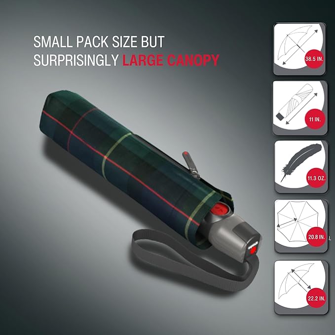 Knirps T.200 Duomatic Compact Rain Umbrella in Check Hunter– Wind Tunnel Tested to 93 mph, Aluminum Steel Fiberglass Frame, 38in Canopy, OEKO-TEX, High-Performance Automatic Travel Umbrellas