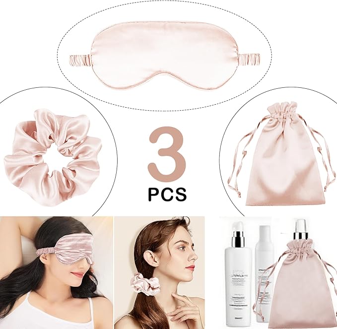 3Pcs Satin Eye Mask Silk Sleep Masks Set Silky Blindfold Eyeshade Blackout Eyes Cover Pouches Bag Scrunchy Wedding Gift