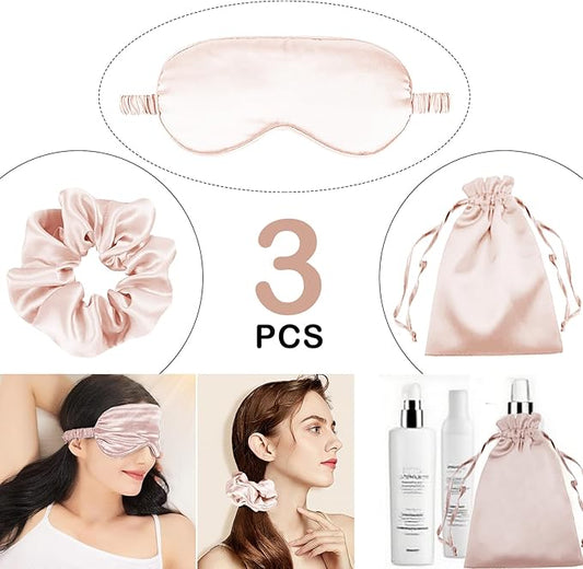 3Pcs Satin Eye Mask Silk Sleep Masks Set Silky Blindfold Eyeshade Blackout Eyes Cover Pouches Bag Scrunchy Wedding Gift