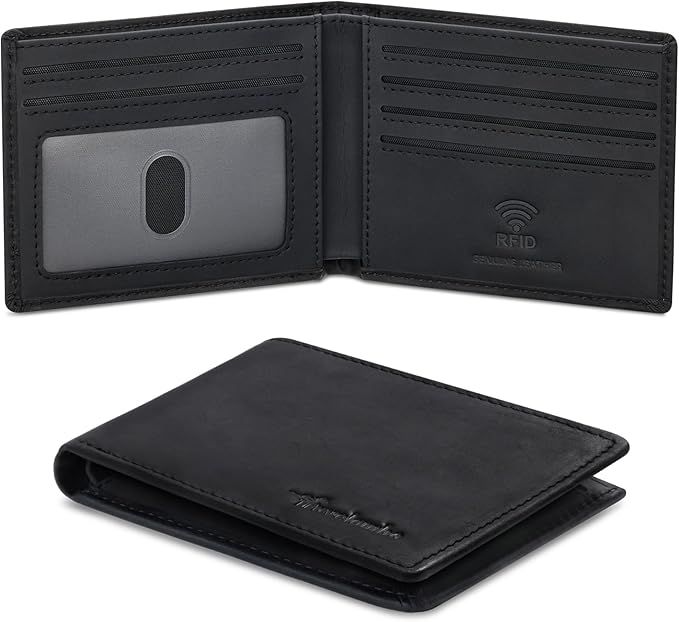 Travelambo Wallet for Men Real Leather Mens Bifold Wallet RFID Blocking - Thin & Stylish with ID Window in Gift Box (Crazy Horse, Black)