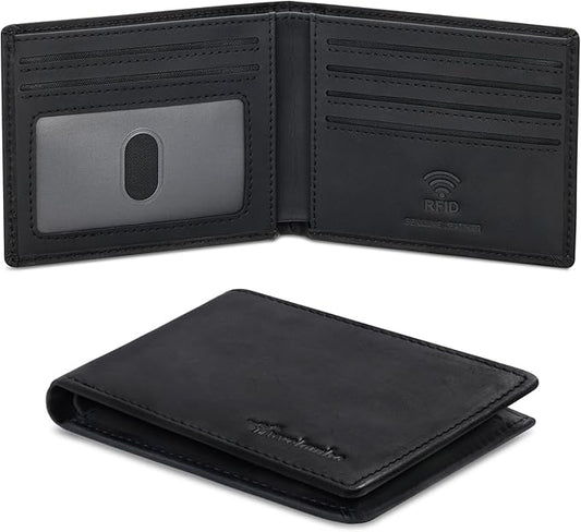 Travelambo Wallet for Men Real Leather Mens Bifold Wallet RFID Blocking - Thin & Stylish with ID Window in Gift Box (Crazy Horse, Black)