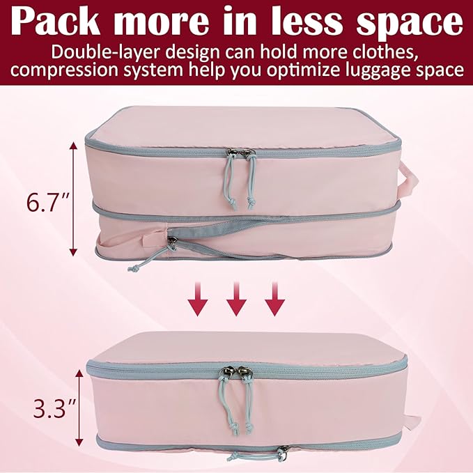 Extra Large Compression Packing Cubes for Travel Essentials, 2 Set Expandable Travel Cubes for Packing Compression Bags Luggage Suitcase Organizer, Pink