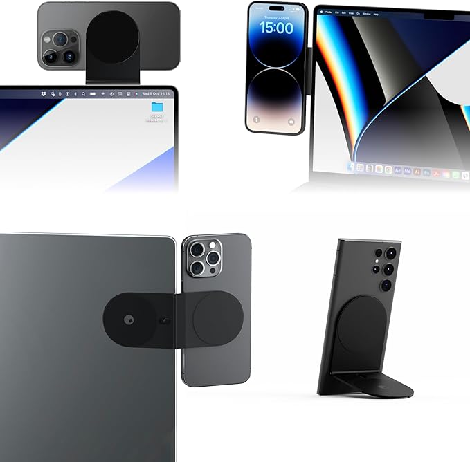 Rolling Square Edge Pro Core - Magnetic Mount Phone Holder Stand for Computers and Tablets | Secure Metal Plate Adhesive or Standalone Mode Compatible with MagSafe, Qi, and Non-MagSafe Devices, Black