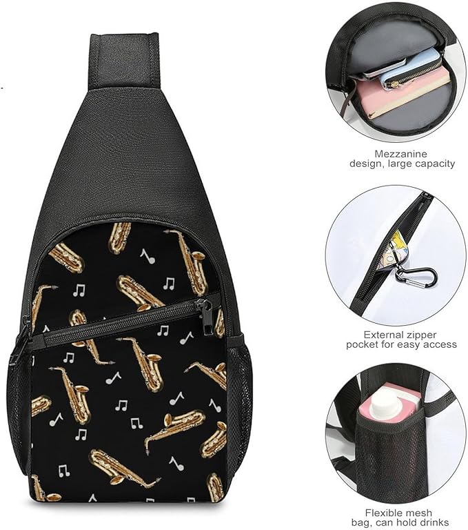 SWEET TANG Anti Theft Sling Chest Bag Shoulder Backpack Saxophone And Music Black Crossbody Bags Gym Sack, Polyester Daypack Lightweight for Men Women Travel Gym Sport Hiking