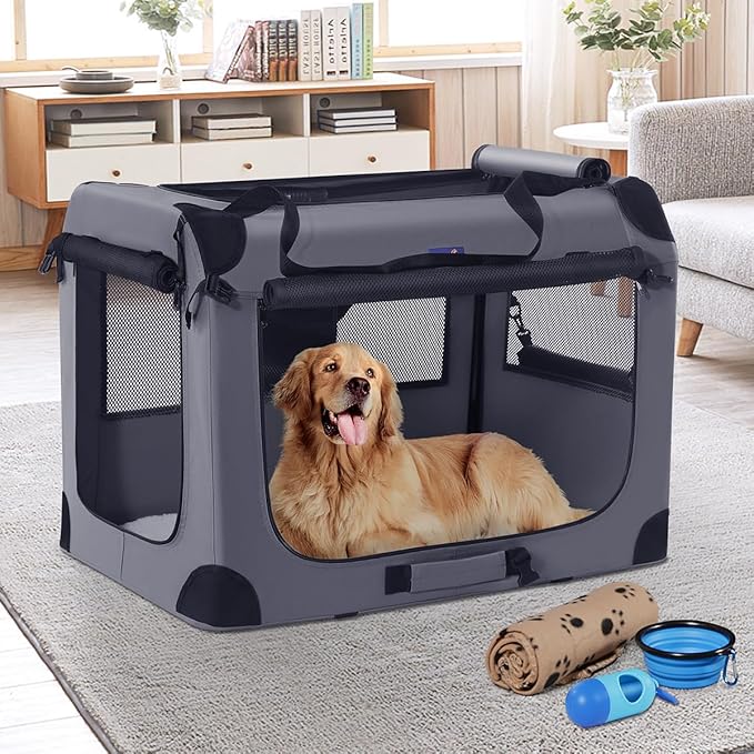 Petprsco 40 Inch Collapsible Dog Crate, Portable Dog Crates for Large Dogs, XL Dog Crate for Travel, 3 Door Soft Dog Kennel with Durable Mesh Windows Indoor & Outside