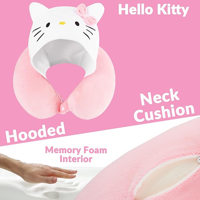 Hello Kitty Girls Teens Travel Pillow with Hood, Memory Foam Cushion Travel Accessories Flight Pillow Neck & Head Support