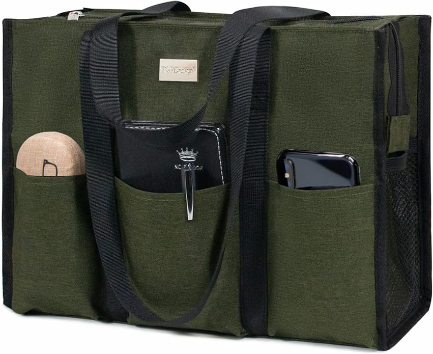 TOPDesign Utility Water Resistant Tote Bag with 13 Pockets, Top Zipper Closure & Thick Bottom Support, for Working Women