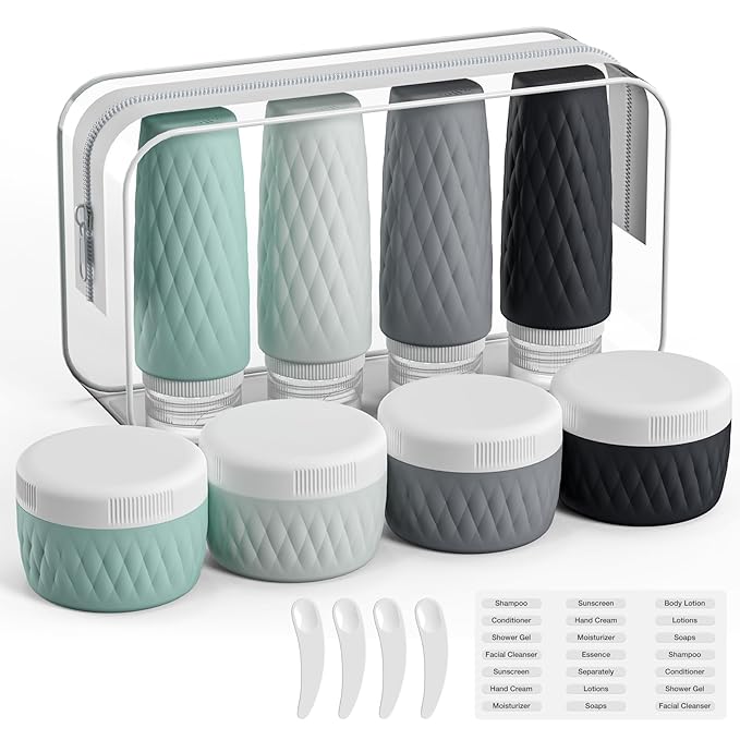 8 Pack Travel Bottles for Toiletries - 3 OZ / 90 ML, | Leak Proof Silicone Containers with Clear Bag, Travel Size Toiletries for Lotions, Creams, Foundation, Shampoo, body wash and More |
