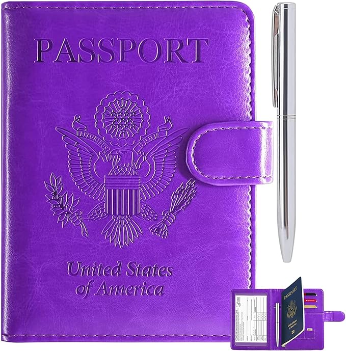 RSAquar Unisex Faux Leather Passport and Vaccine Card Holder Combo, Purple, Slim and Lightweight with RFID Blocking Technology