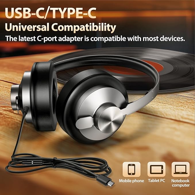 USB C Headphones Wired with Memory Foam,Over-Ear Headphone Sound & Durable Metal Frame Foldable Headphones for Men/Women/Travel/iPhone 16/15, Samsung Galaxy S25/S24, Google Pixel 9, Ideal Gift