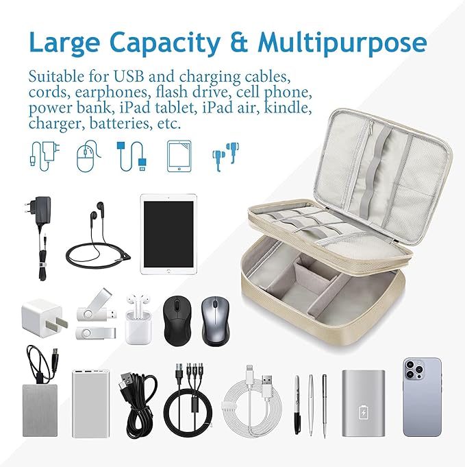 Electronics Travel Organizer, Double Layer Cable Organizer Bag Waterproof Electronics Accessories Storage Bag for Charger, Phone, Power Bank, Hard Drive, Cord, Tablet