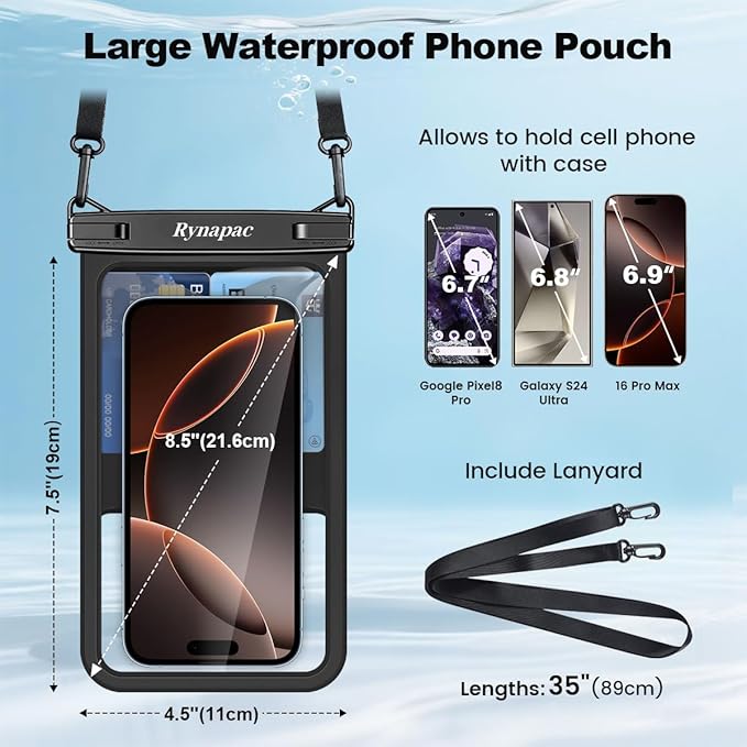 Waterproof Phone Pouch - 8.5in Waterproof Phone Case with Lanyard, IPX8 Cell Phone Dry Bag Beach Essentials for iPhone 16 15 14 13 12 Pro Max, Galaxy S24 S23 S22 S21 Series, 2 Pack