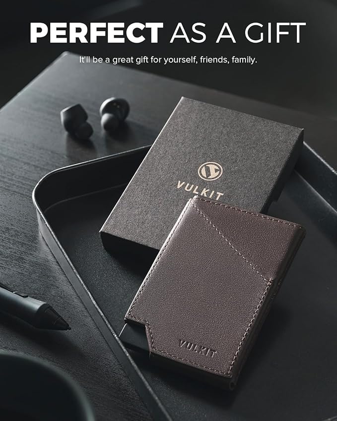 VULKIT Pop up Card Wallet Top-Grain Genuine Leather RFID Blocking Slim Aluminum Metal Bank Card Holder Case with Business Money Pocket for Credit Cards Notes and Coins Espresso