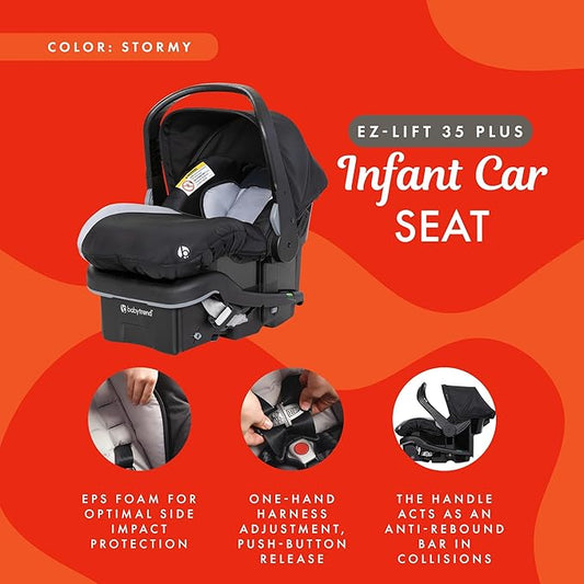 Baby Trend EZ Lift 35 Plus Ergonomic Lightweight Rear Facing Infant Car Seat with Multi Position Base and Cozy Cover, Stormy Gray/Black