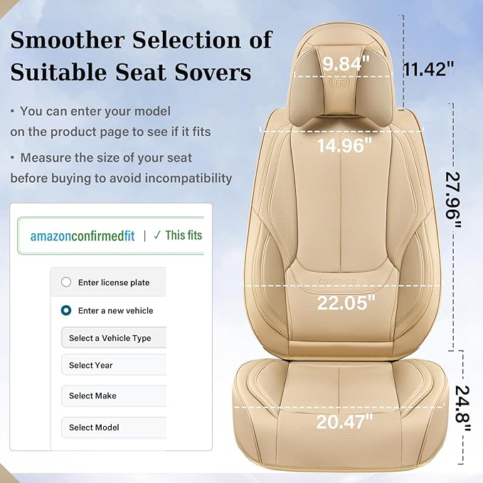 Coverado Universal Seat Covers Front, 2-Pack Universal Seat Covers for Cars, Waterproof Nappa Leather Car Seat Covers with Head Pillow, Auto Protectors Fit for Most Sedans SUV Pick-up Truck-Beige