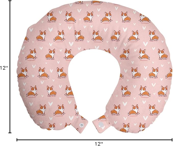Ambesonne Dog Lover Travel Pillow Neck Rest, Little Corgi Jumping Running and Standing Cartoon Hearts Background, Memory Foam Traveling Accessory for Airplane and Car, 12", Coral Orange White