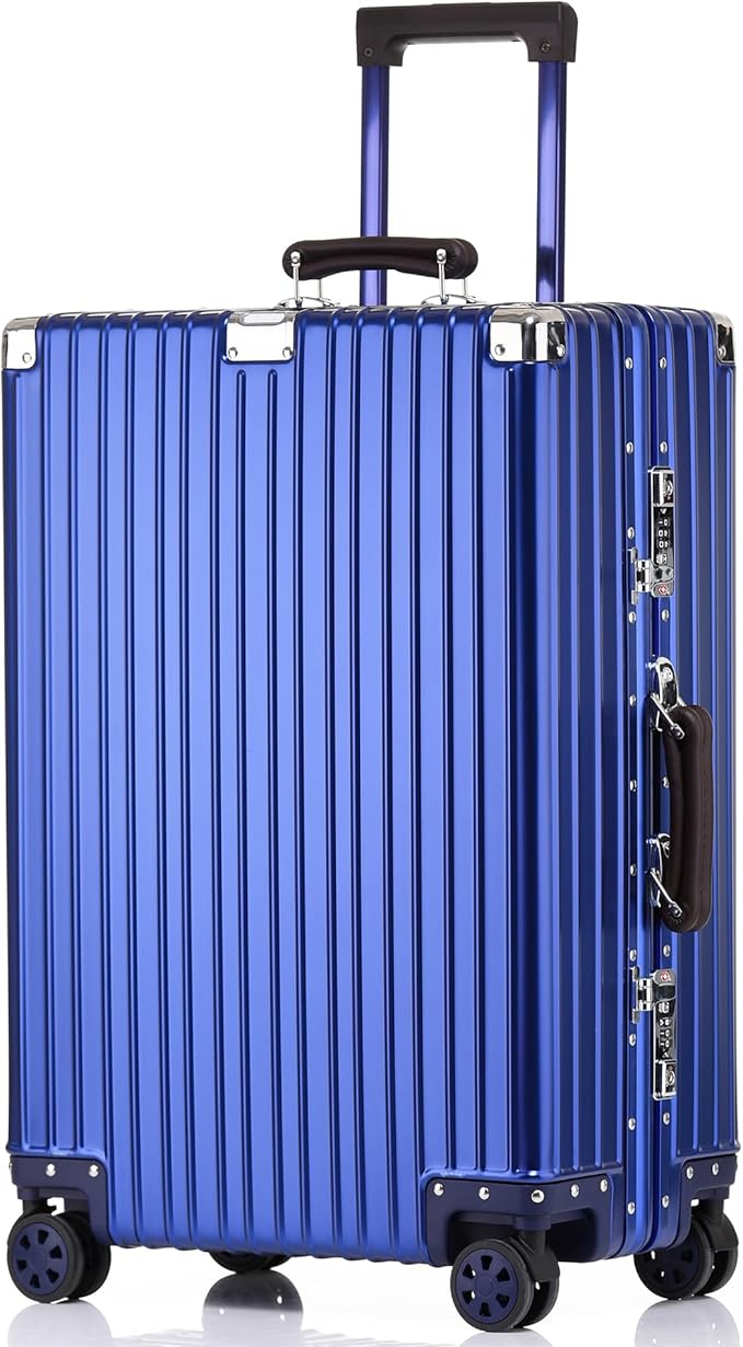 HotWay 28 Inch All Aluminum Checked in Luggage with Leather Handle, Hard Shell Zipperless Suitcase with TSA Locks and Spinner Wheels, Large Luggage for Business Travel, Blue