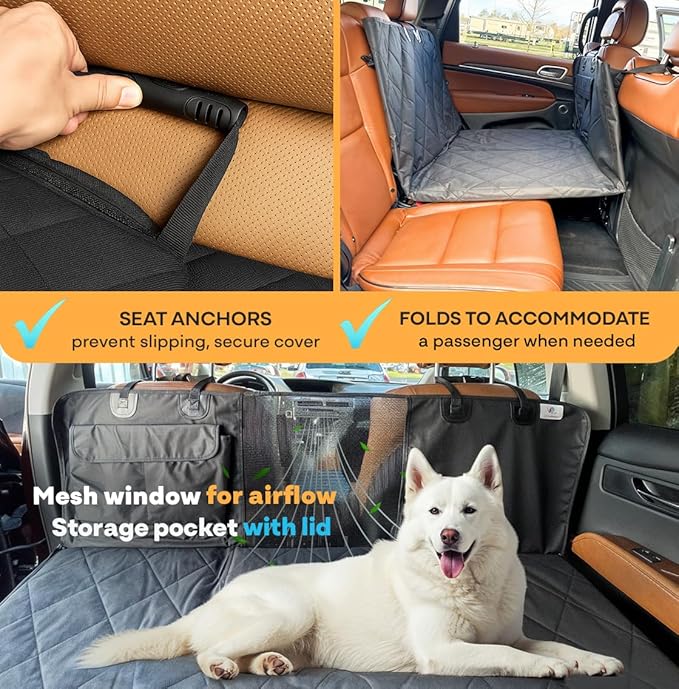 APetsPlanet Dog Car Seat Cover for Back Seat Hard Bottom - Waterproof Backseat Extender for Dogs - Pet Hammock for Car, Truck, SUV - Protector Bed with Mesh Window & Storage - Black, No Door Covers