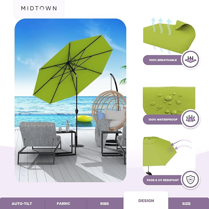 Midtown Umbrellas 10-Year-No-Fade - 6 Ft - UV Proof Pear (Green) Polyester Fabric - Umbrella Outdoor Patio, Aluminum Frame Large Patio Umbrella for Garden, Pool & Deck - Black Pole