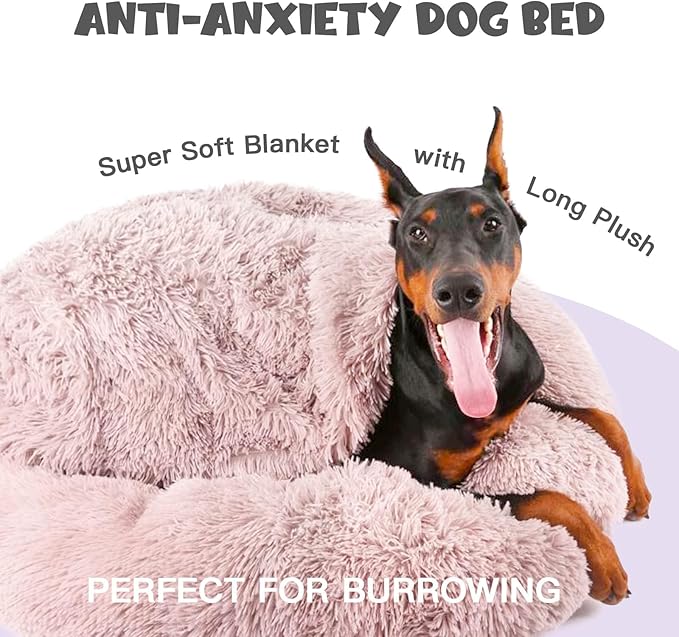 Himax Dog Beds for Large Dogs, Donut Dogs Beds with Blanket Attached, Calming Dog Bed Washable (20"/26"/35") Beige