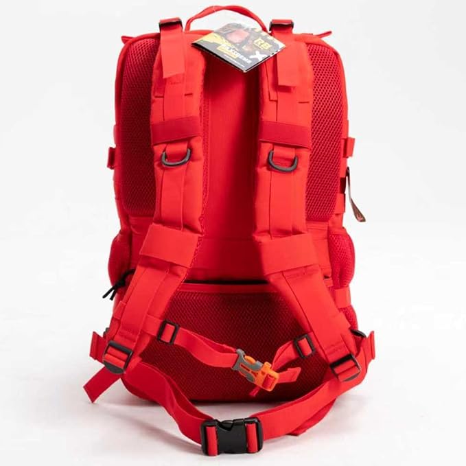 Xtreme 45L Tactical Backpack – Large Travel and Hiking Pack with 16 inch Laptop Sleeve, Stick Holder, Double Bottle Pockets, Recycled Fabric Shell, Rain Cover (Red)