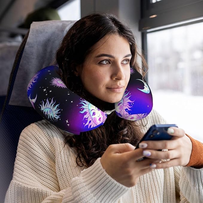 Neck Pillow Memory Foam Travel Pillows Comfortable for Airplane Flight Car Travel Office Nap and Sleeping, Funny Cushion for Head Shoulder Trippy Sun Moon Stars
