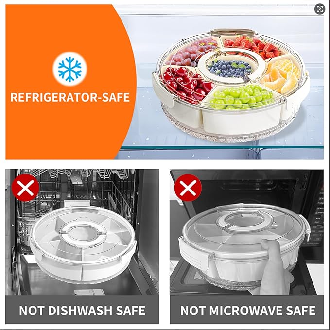 Divided Serving Tray with Lid and Handle, Portable Snackle Box Container for Fruits Snacks Charcuterie Organizer, Spinning Rounded Veggie Tray for Kitchen, Party, Travel and Picnic