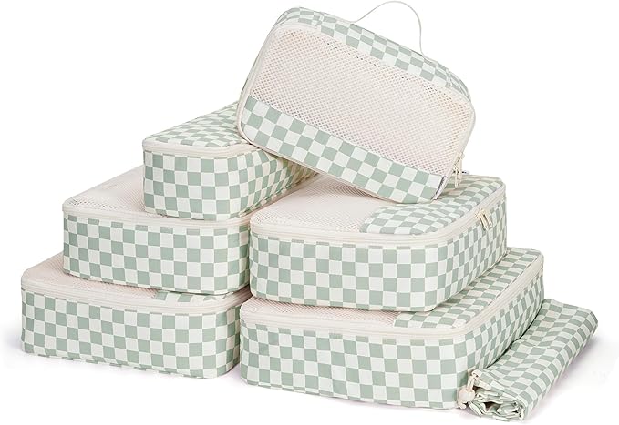 Narwey 7 Set Checkered Packing Cubes for Travel Carry on Suitcase Luggage Organizer Bags for Kids Women Men, Durable Packing Organizers Bag, Travel Essentials Accessories (Mint Green Checkerboard)