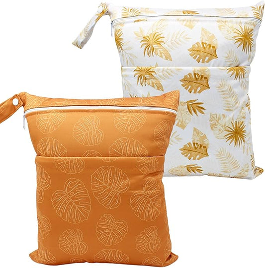 Wet Dry Bag Waterproof Reusable Wet Bag for Swimsuit, Travel, Beach, Pool, Bathing, Diapers, Dirty Yoga Gym Clothes Toiletries Daycare Organizer with Two Zippered Pockets (yellow leaf)