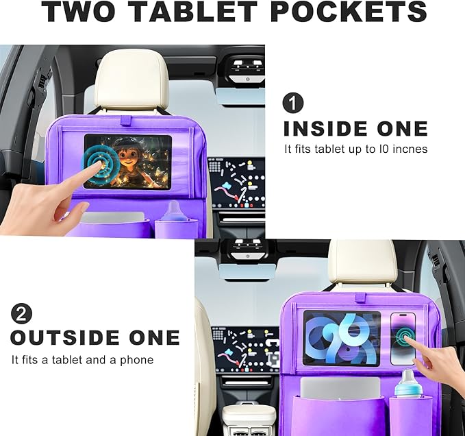Zecirl 2Pack Car Backseat Organizer with Foldable Table Tray,6 Storage Pockets Car Storage Organizer with Tablet Holder,Car Seat Back Protectors Kick Mats Travel Accessories (Purple)