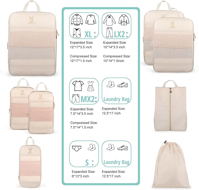 Expandable Compression Packing Cubes for Suitcases,6 Set Lightweight Compressible Travel Packing Organizer for Carry on Suitcase,Organizer Bags Set as Travel Essentials for Women