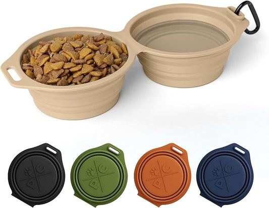 Pup Culture Dual Collapsible Dog Bowls | Silicone Travel Water Bowl for Dogs | Food Grade, No Plastic Rim, Portable Dog Bowl for Food and Water - Easy to Clean | BPA Free and Safe for Your Pup-Tan