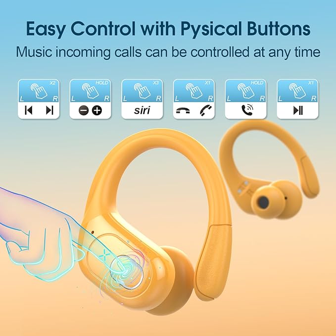 Wireless Earbuds 75hrs Bluetooth 5.4 Headphone Sport, 2025 Bluetooth Earbuds Stereo Deep Bass Over Ear Bud with Earhooks, ENC Noise Cancelling Mic, IPX7 Waterproof Earphone, Yellow