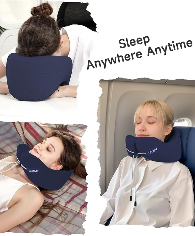 Travel Pillows for Airplanes, Neck Pillow Airplane, Airplane Travel Accessories with Eye Mask, Earplugs & Storage Bag, Ergonomic Memory Foam Neck Pillow for Sleeping, Flights, Cars, Office (Navy Blue)