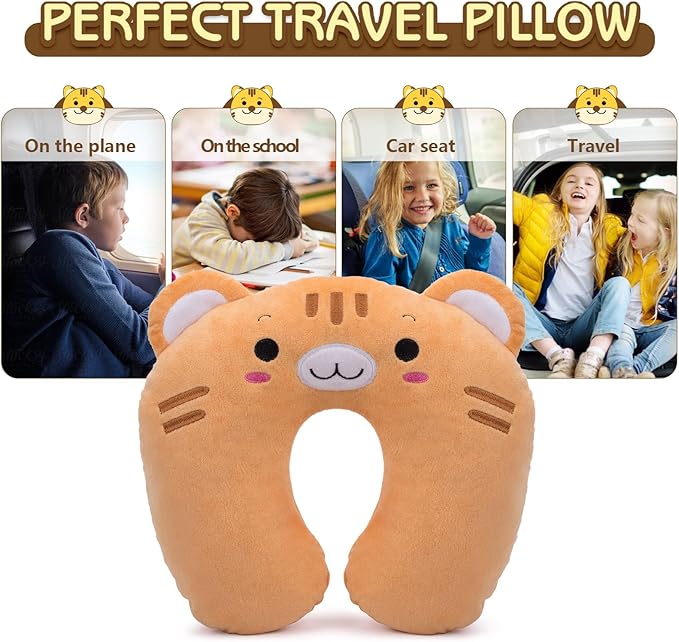 H HOMEWINS Travel Pillow for Kids,Toddler Neck Pillow Cute Animal Neck Head Chin Support Travel Accessories for Airplane, Car, Train,Recline(Cute Tiger)