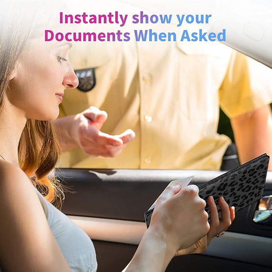 Car Registration and Insurance Holder,Leather Insurance License and Registration Card Holder for Car Glove Box, Auto Truck Document Holder Organizer for Men Women- Black leopard print