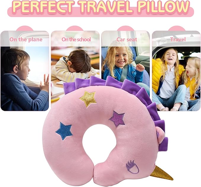 H HOMEWINS Travel Pillow for Kids,Cute Animal Toddler Neck Pillow for Boys Girls,Soft Neck Head Chin Support Pillow,Travel Accessories for Airplane, Car, Train,Recline (Unicorn)