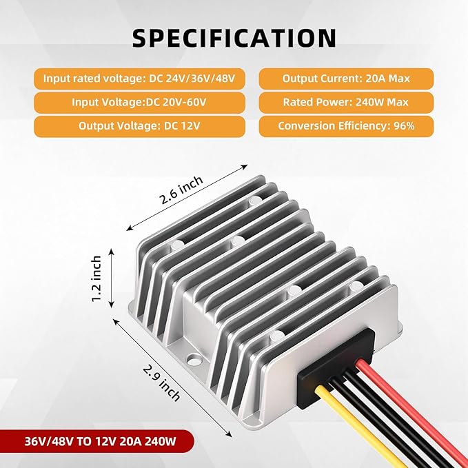 Professional 48V 36V to 12V Voltage Converter, 240W 20A for Golf Cart Converter, Waterproof DC Convert Regulator Transformer with Fuse