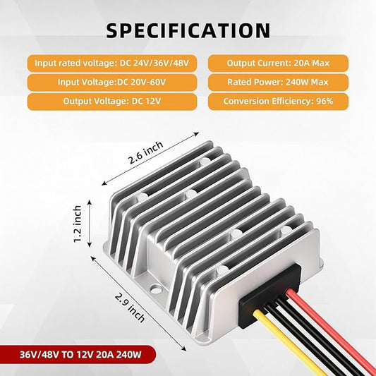 Professional 48V 36V to 12V Voltage Converter, 240W 20A for Golf Cart Converter, Waterproof DC Convert Regulator Transformer with Fuse